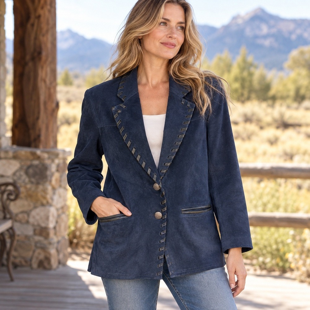 Vintage Foxrun Blue Suede Leather Blazer Western Whipstitch Women's S
